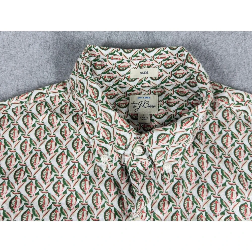 J.CREW 100% Linen Short Sleeve Button Down‎ Shirt Men's L Green Slim Preppy